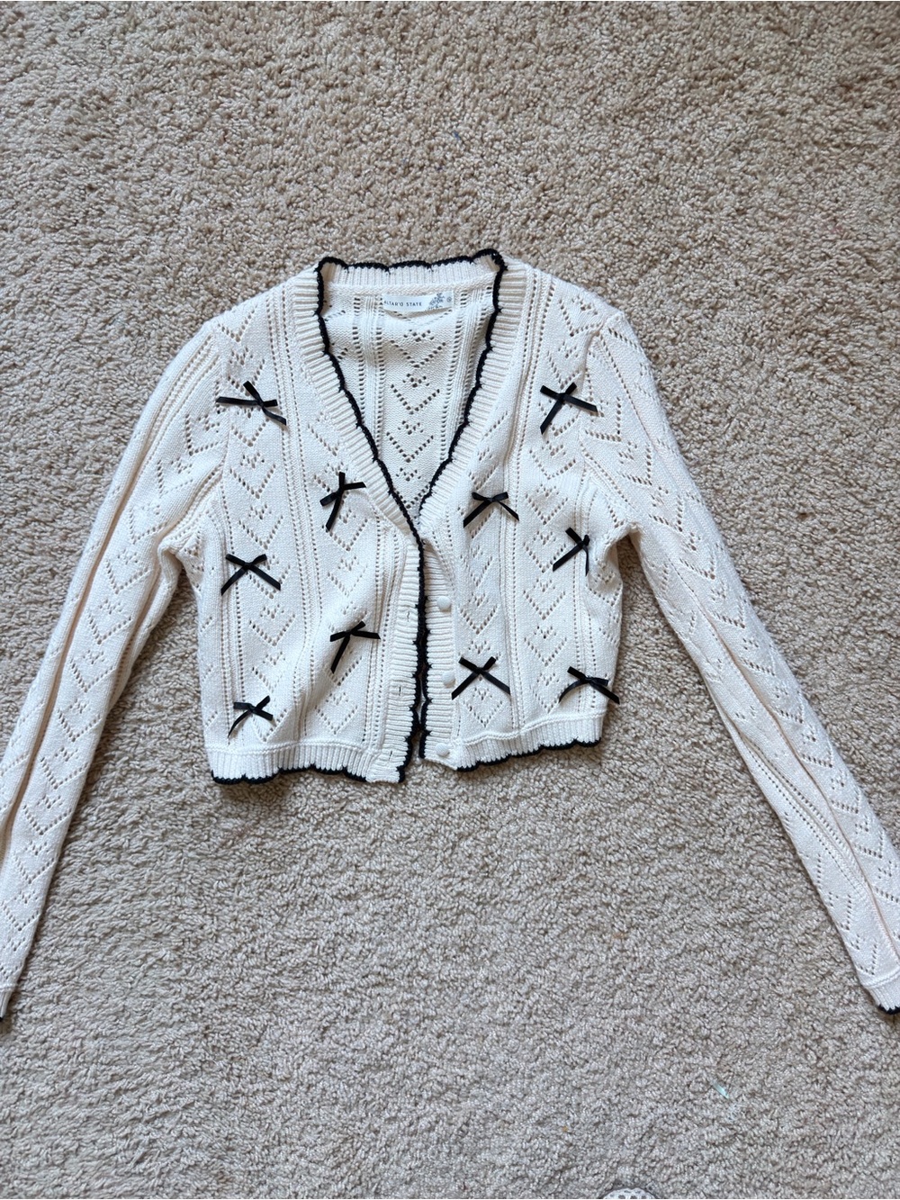 Altar’d State Ivory Bow Pointelle Knit Cardigan